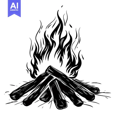 Aset desain premium: Black and White Illustration of a Campfire with Flames