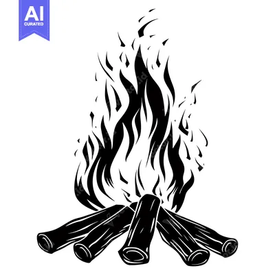 Aset desain premium: Black and White Illustration of a Bonfire with Flames and Logs
