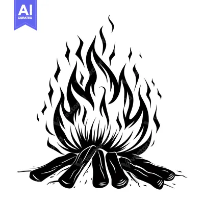 Aset desain premium: A Black and White Illustration of a Campfire with Flames and Logs