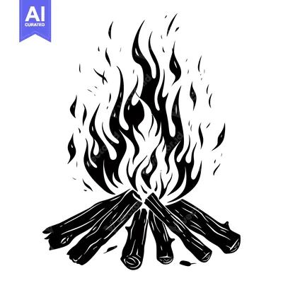 Aset desain premium: Black and white illustration of a campfire with flames rising from log