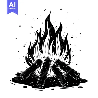 Aset desain premium: A Black and White Illustration of a Campfire with Flames and Logs