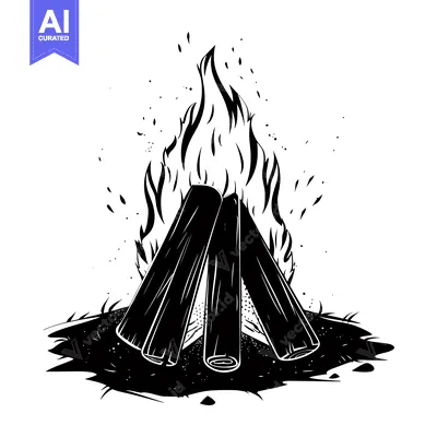 Aset premium populer: Black and White Illustration of a Campfire with Flames and Logs