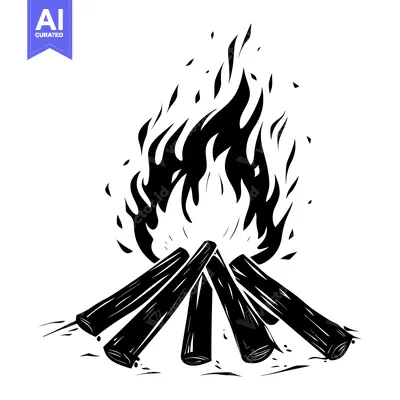Aset desain premium: Black and White Silhouette of a Burning Campfire