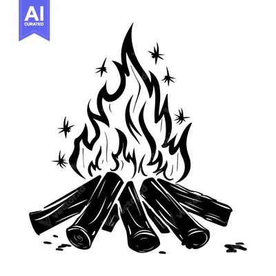 Aset desain premium: Black and White Illustration of a Campfire with Flames and Log