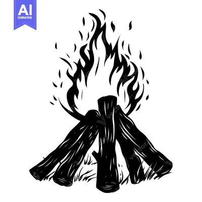 Premium design asset: Black and White Illustration of a Campfire with Flames