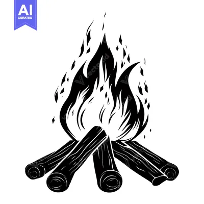 Aset desain premium: A Black and White Illustration of a Campfire with Flames and Logs