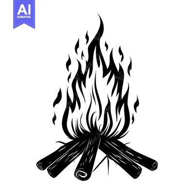 Black and White Silhouette of a Campfire with Flames and Logs