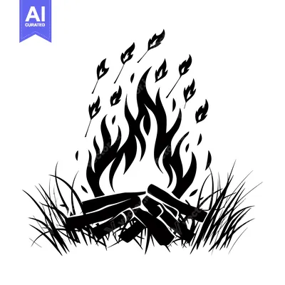 Aset premium populer: Black and white silhouette of a campfire with flames and grass