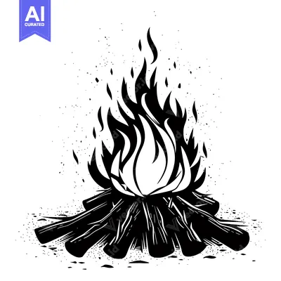 Aset premium populer: A Black and White Illustration of a Campfire with Flames and Logs