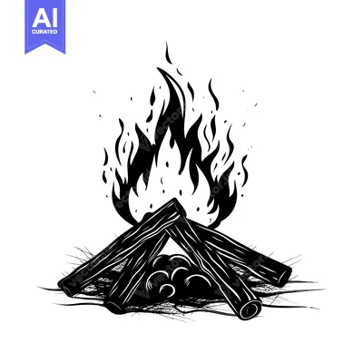 Aset desain premium: A Silhouetted Campfire with Flames Rising Above Logs
