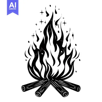 Aset desain premium: Black and White Illustration of a Campfire with Flames and Sparking Em