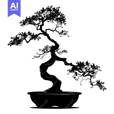 Aset desain premium: Black and White Silhouette of a Bonsai Tree in a Pot