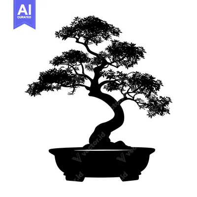 Premium design asset: Black and White Silhouette of a Bonsai Tree in a Pot