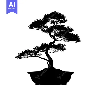Black and White Silhouette of a Bonsai Tree in a Pot