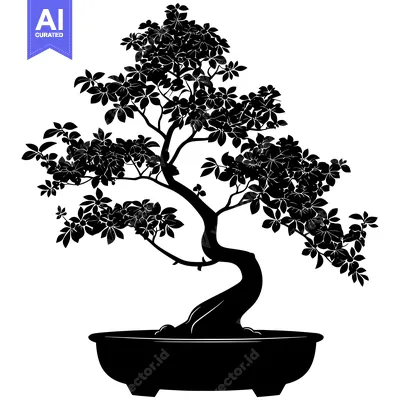 Aset desain premium: Black and white silhouette of a bonsai tree in a pot