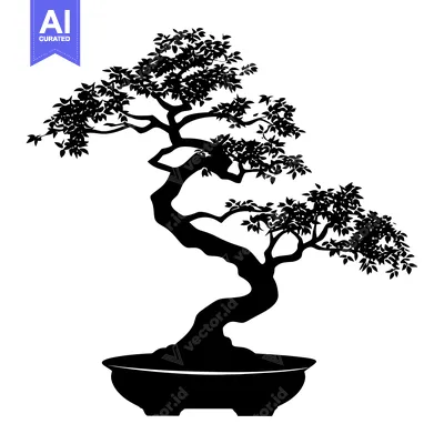 Aset desain premium: Black Silhouette of a Bonsai Tree in a Pot