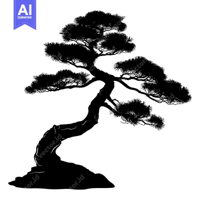 Premium design asset: Black and White Silhouette of a Bonsai Tree with Twisted Trunk