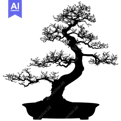 Aset premium populer: Black and White Silhouette of a Bonsai Tree with a Curved Trunk