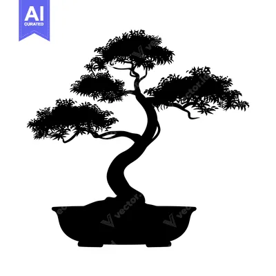 Aset desain premium: Black and White Silhouette of a Bonsai Tree in a Pot