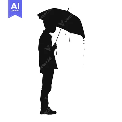 Aset premium populer: Silhouette of a person holding an umbrella with raindrops falling