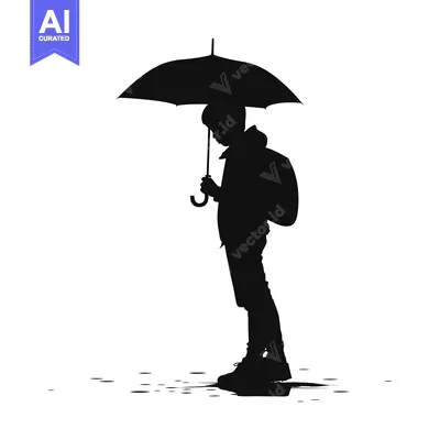 Aset desain premium: Silhouette of a Boy Holding an Umbrella