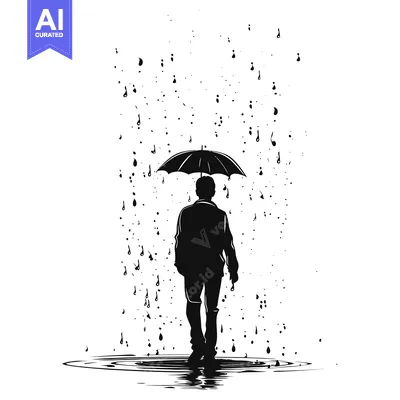 Aset desain premium: Silhouette of a Person Walking in the Rain with an Umbrella