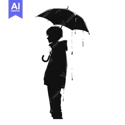 Aset desain premium: Silhouette of a Person Standing Under an Umbrella in the Rain