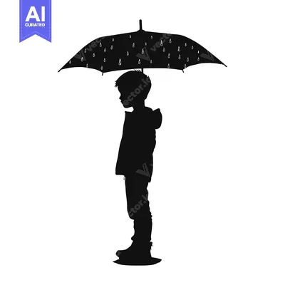 Aset desain premium: Silhouette of a Boy Holding an Umbrella in the Rain