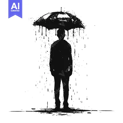 Aset desain premium: Silhouette of a Man Standing Under a Leaky Umbrella in the Rain