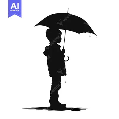 Premium design asset: Silhouette of a Child Holding an Umbrella with Rain Dripping from It