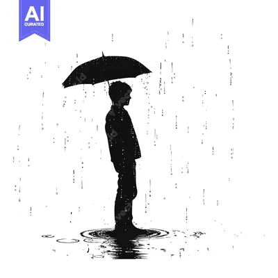 Premium design asset: Silhouette of a Person with an Umbrella Standing in a Puddle of Rain
