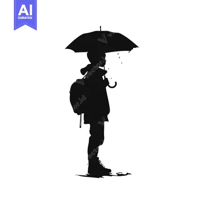 Aset desain premium: Silhouette of a Boy Holding an Umbrella in the Rain