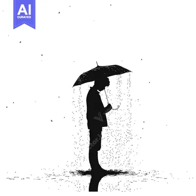 Aset premium populer: Silhouette of a Person Standing in the Rain with an Umbrella