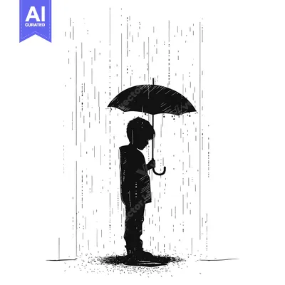 Silhouette of a Child Standing Alone in the Rain with an Umbrella
