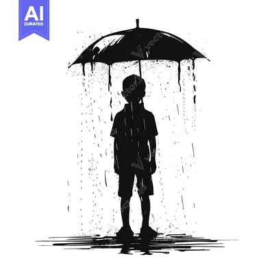 Popular premium asset: Silhouette of a Boy Standing in the Rain, Holding a Leaky Umbrella