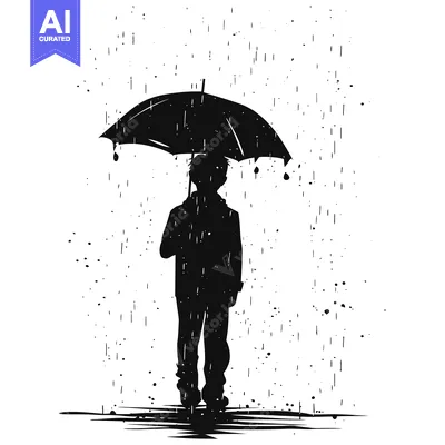 Aset desain premium: Silhouette of a Person Holding an Umbrella in the Rain