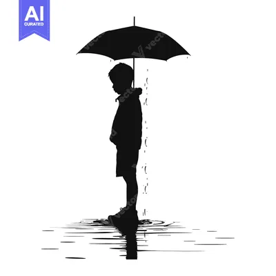 Silhouette of a Child Standing in Rain with an Umbrella