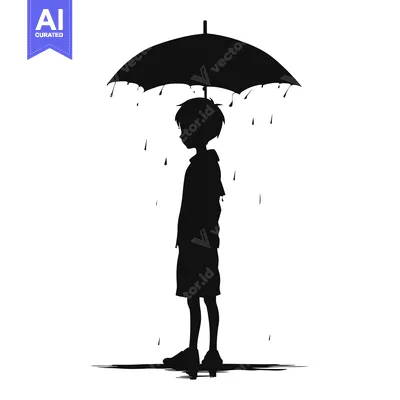 Popular premium asset: Silhouette of a Boy Standing in the Rain Under an Umbrella