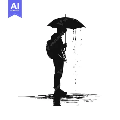 Aset desain premium: Silhouette of a Person Holding an Umbrella with Rain Droplets Falling