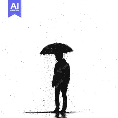 Premium design asset: Silhouette of a Person Standing in the Rain Holding an Umbrella