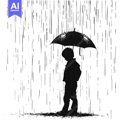 Aset desain premium: Silhouette of a Child Standing in the Rain with an Umbrella