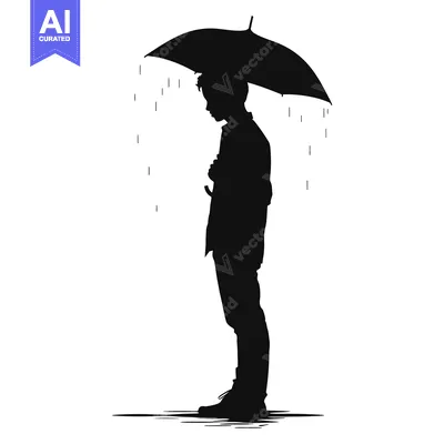 Premium design asset: Silhouette of a person standing with an umbrella in the rain