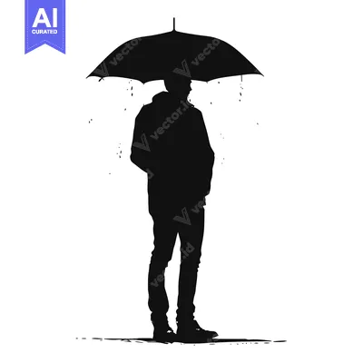Aset desain premium: Silhouette of a Person Standing with an Umbrella in the Rain