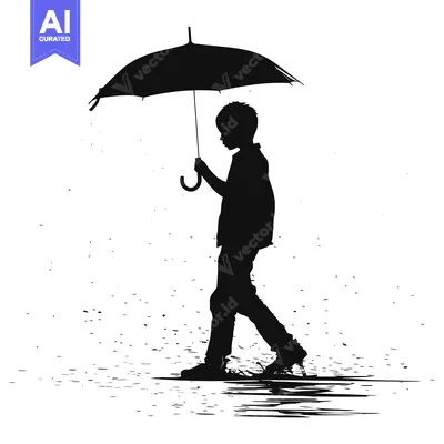 Aset desain premium: Silhouette of a Person Walking with an Umbrella in the Rain