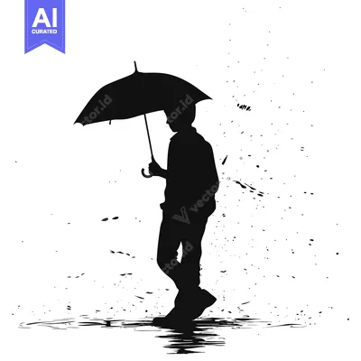 Aset desain premium: Silhouette of a Person Walking with an Umbrella in the Rain