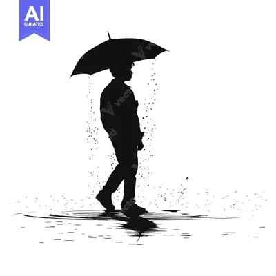 Aset desain premium: Silhouette of a Person Walking in the Rain with an Umbrella