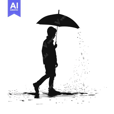 Aset premium populer: Silhouette of a Person Walking in the Rain with an Umbrella