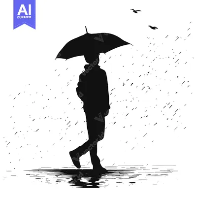 Aset premium populer: Silhouette of a Person Walking in the Rain with an Umbrella