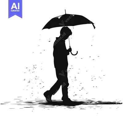 Silhouette of a Person Walking in the Rain with an Umbrella