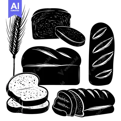 Black and White Illustration of Various Bread Shapes and a Wheat Ear